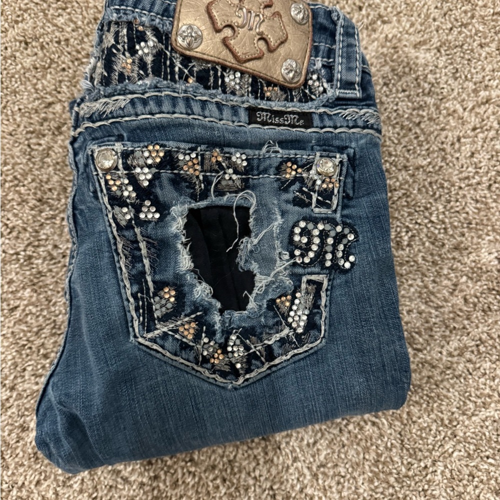 Miss Me Blue Boot Cut Jeans with Ornate Design